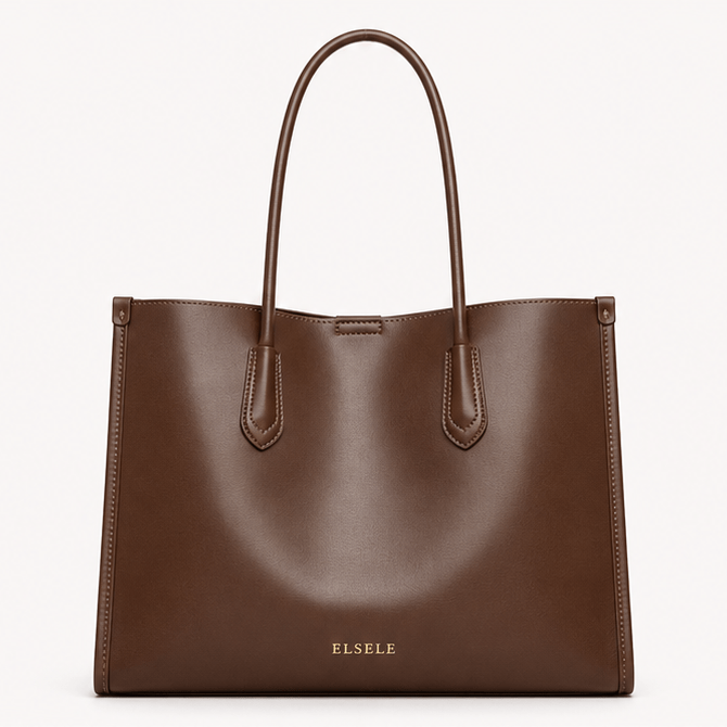 Home Aveline brown leather tote bag front view with gold ELSELE logo