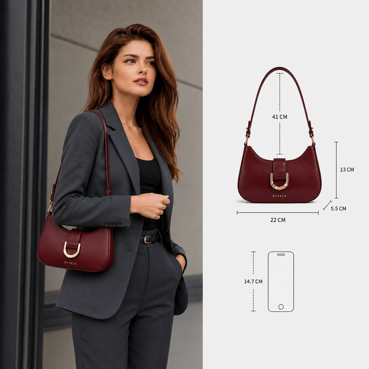 ELSELE Bordeaux Handtasche zum Business-Outfit Frau mit grauem Business-Anzug trägt eine bordeauxrote ELSELE Handtasche über der Schulter