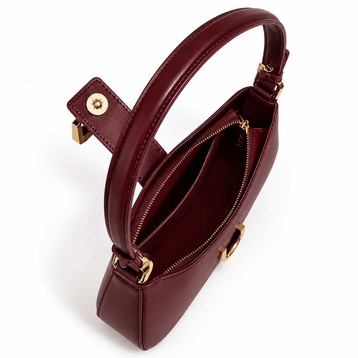 ELSELE Bordeaux Schultertasche – Ansicht von oben Bordeauxrote ELSELE Schultertasche mit geöffnetem Innenbereich aus der oberen Perspektive