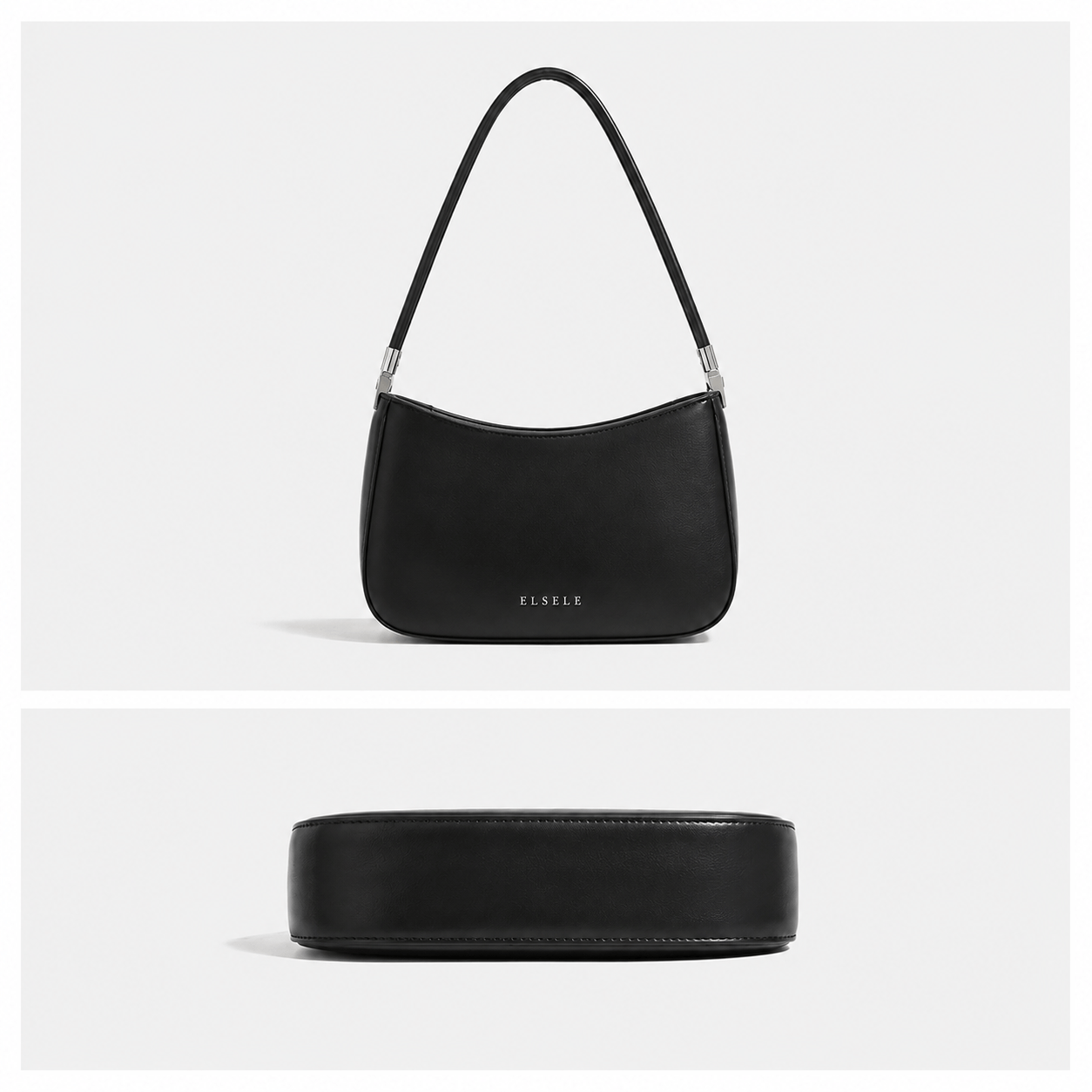 Front and bottom view of the Lunelle black shoulder bag