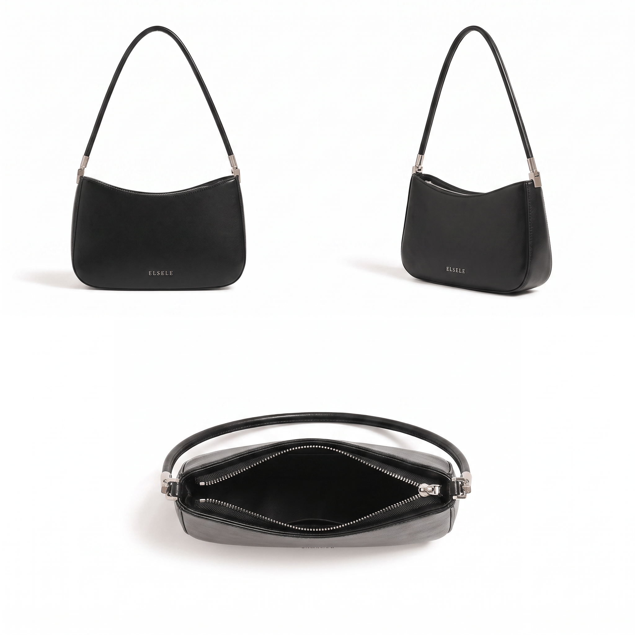 Multiple views of the Lunelle black shoulder bag including front side and top