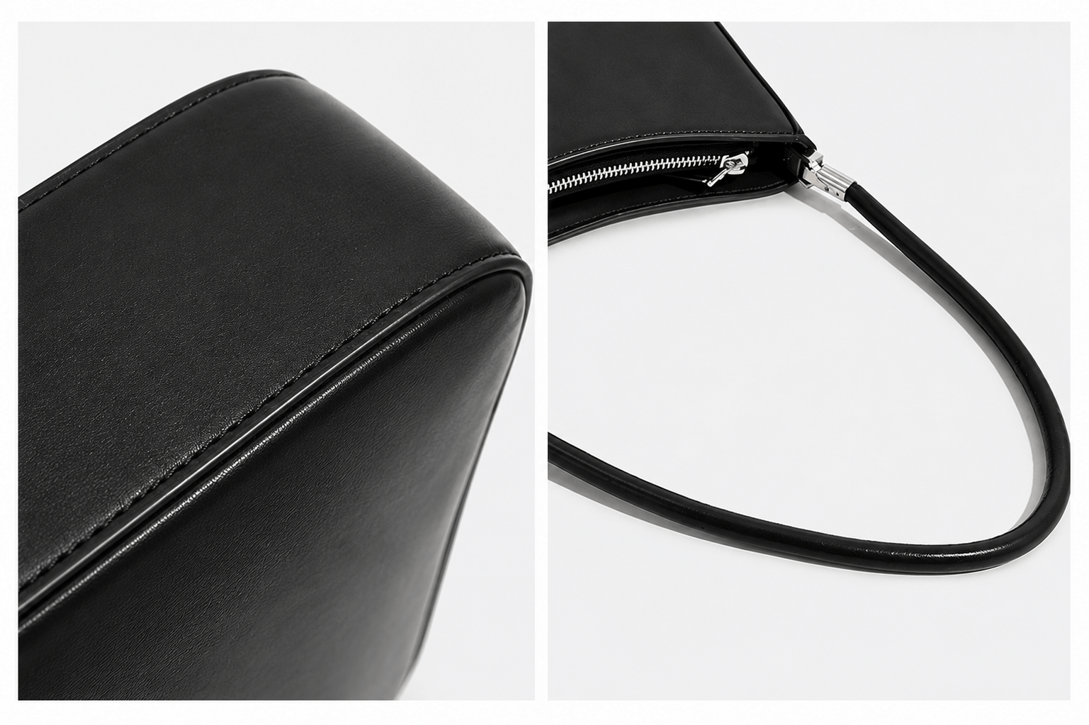 Strap attachment and stitching details of the Lunelle black shoulder bag