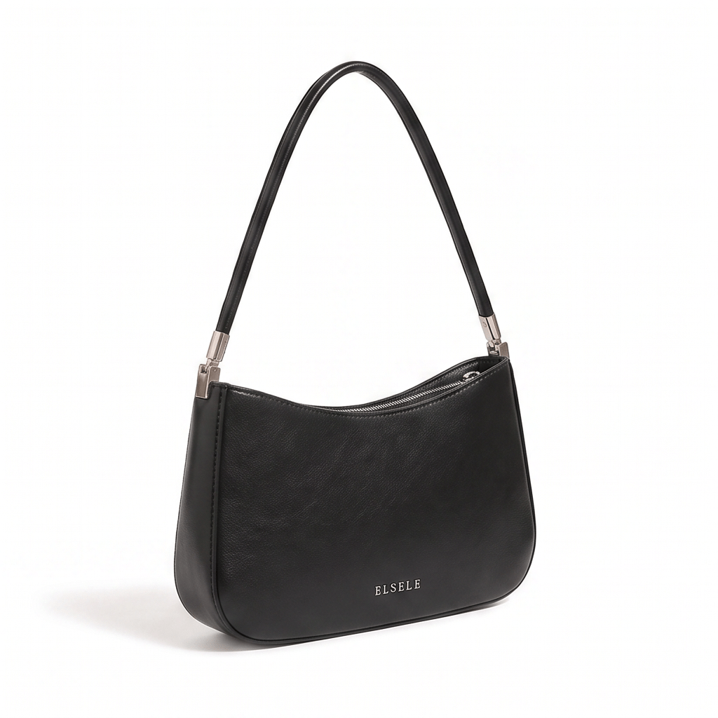 Lunelle black shoulder bag three quarter view with silver hardware