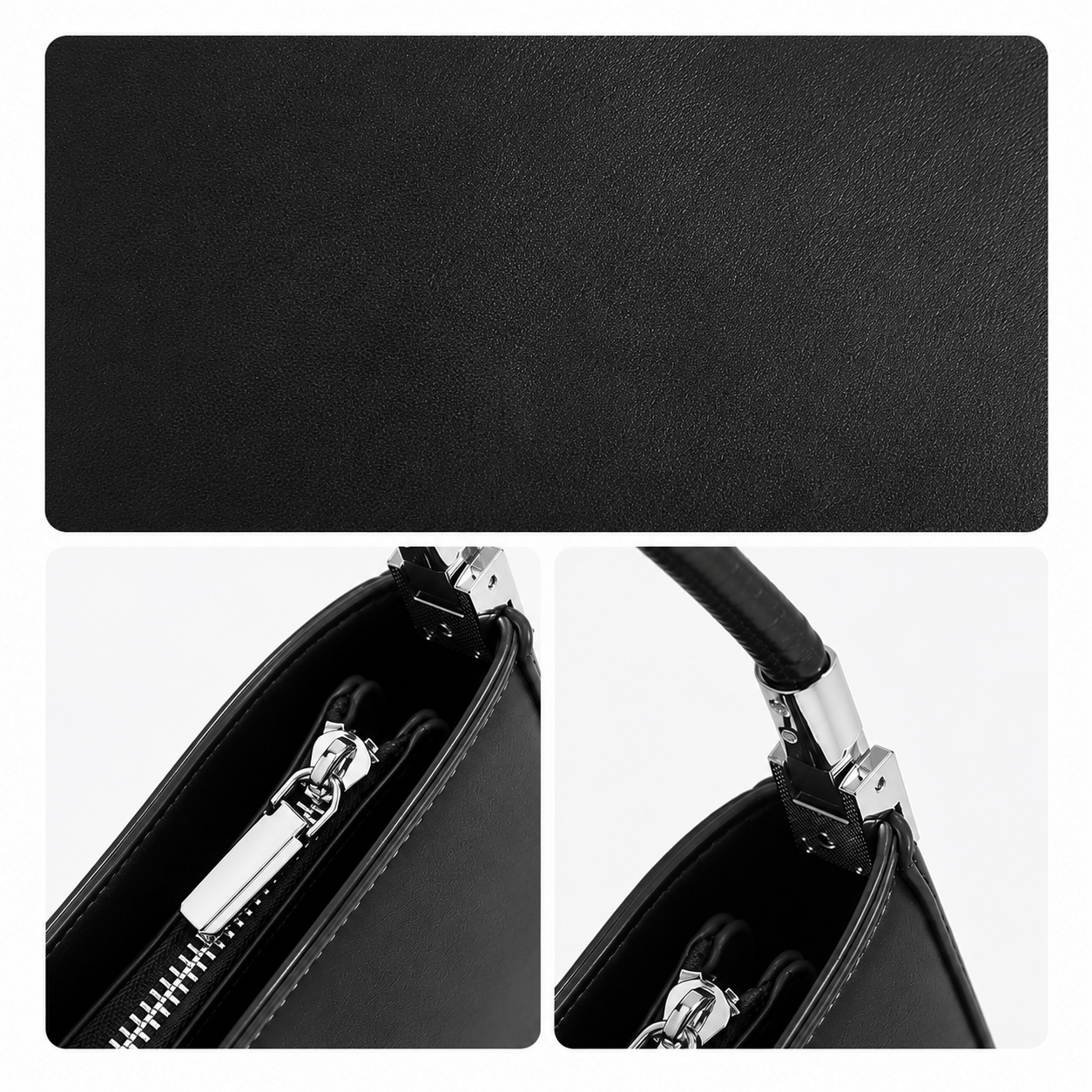 Silver zipper and hardware details on the Lunelle black shoulder bag