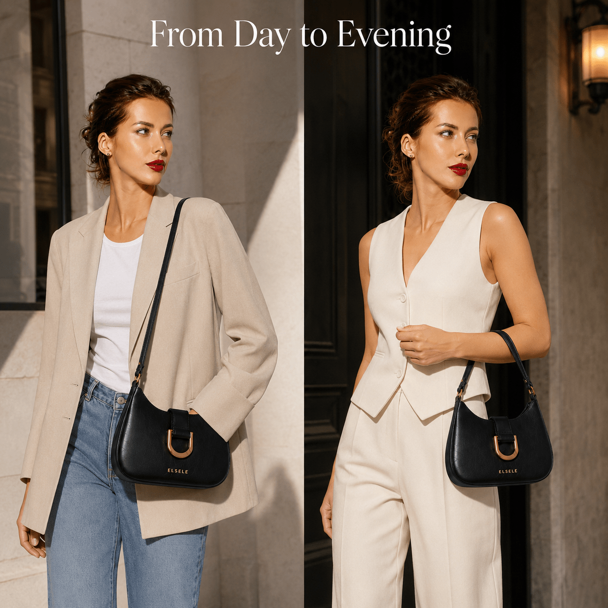 Lunara Black Leather Shoulder Bag – Day to Evening Lunara black leather shoulder bag styled with daytime and evening outfits