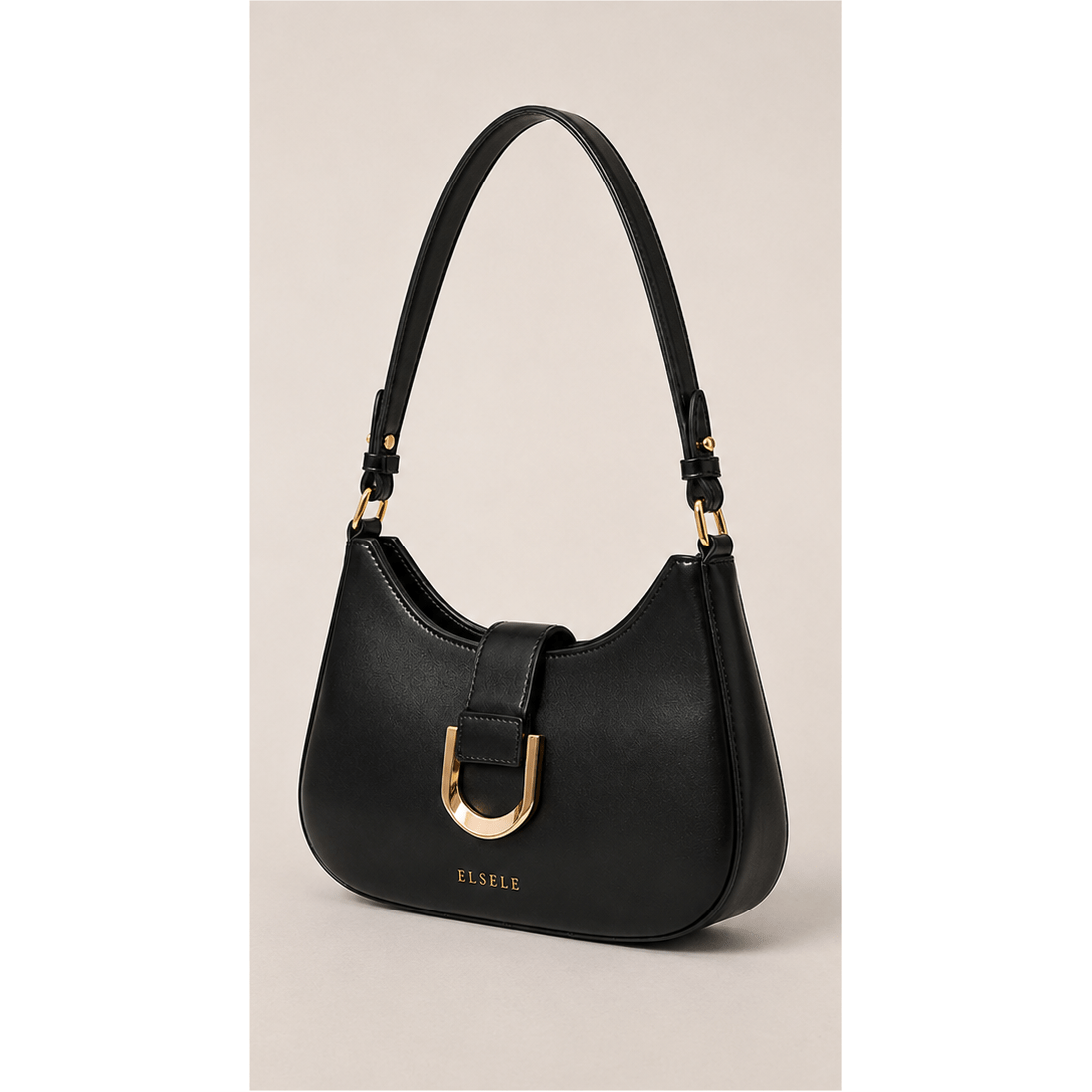 Lunara Black Leather Shoulder Bag – Left Angle Lunara black leather shoulder bag shown from the left three-quarter angle
