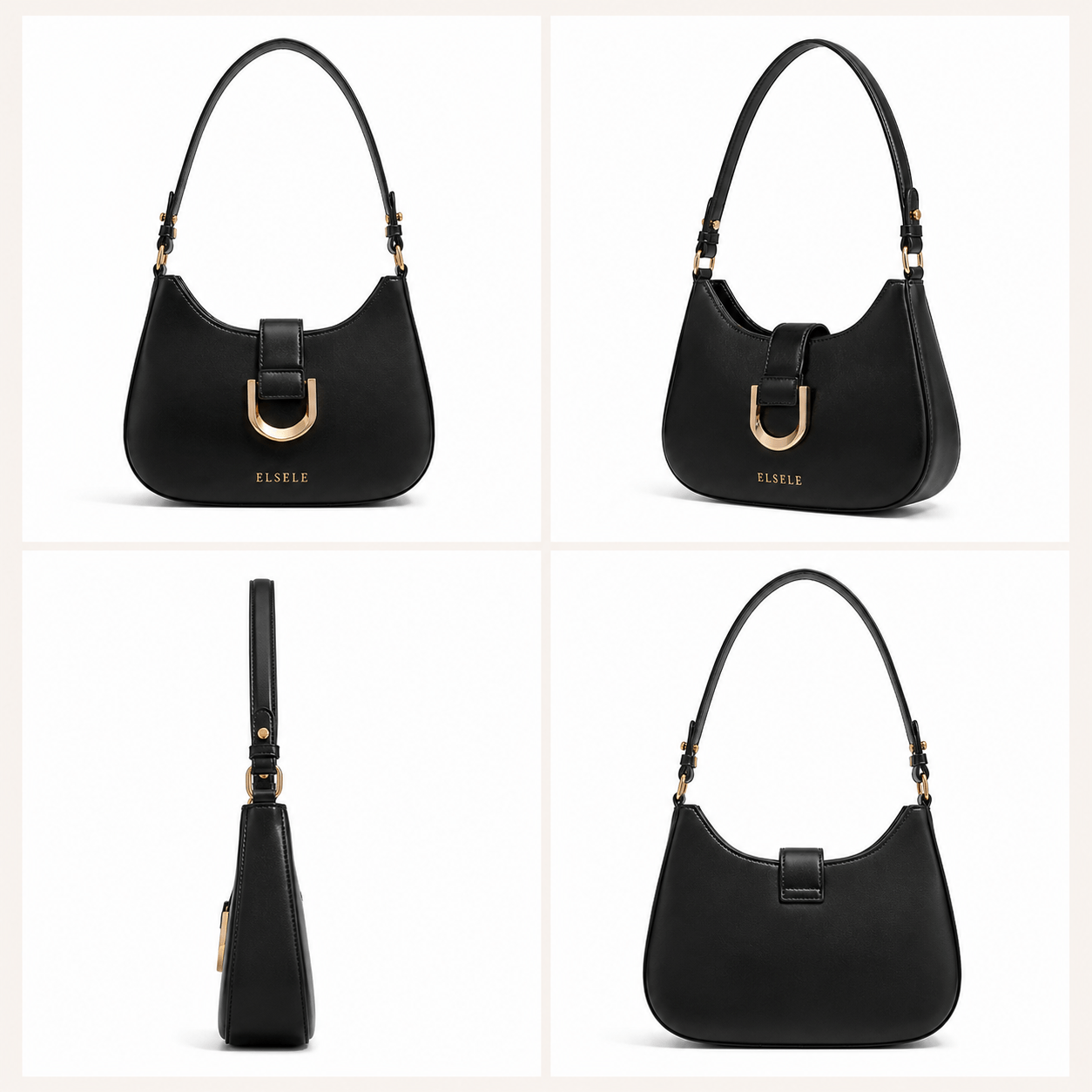 Lunara Black Leather Shoulder Bag – Multiple Views Front, side and back views of the Lunara black leather shoulder bag