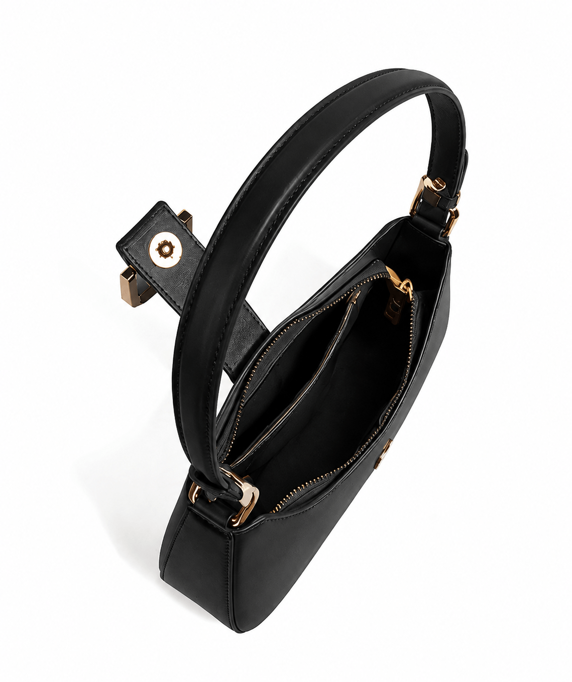 Lunara Black Leather Shoulder Bag – Open Top View Open top view of the Lunara black leather shoulder bag and shoulder strap