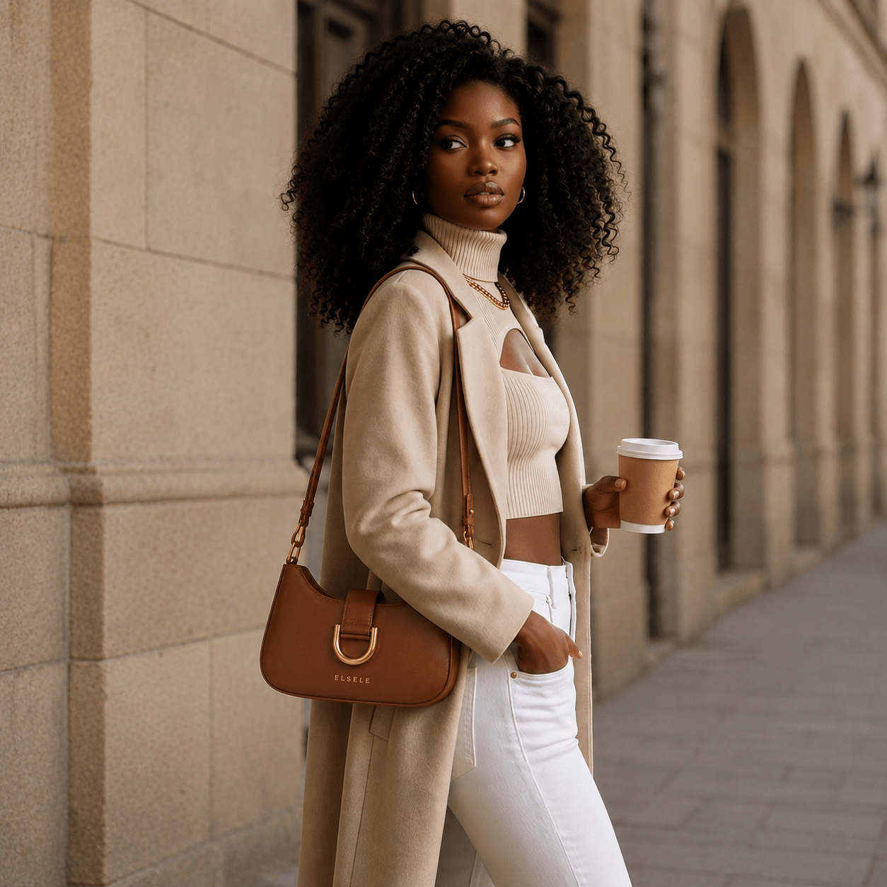 Woman wearing the Lunara Brown Leather Shoulder Bag in a city setting
