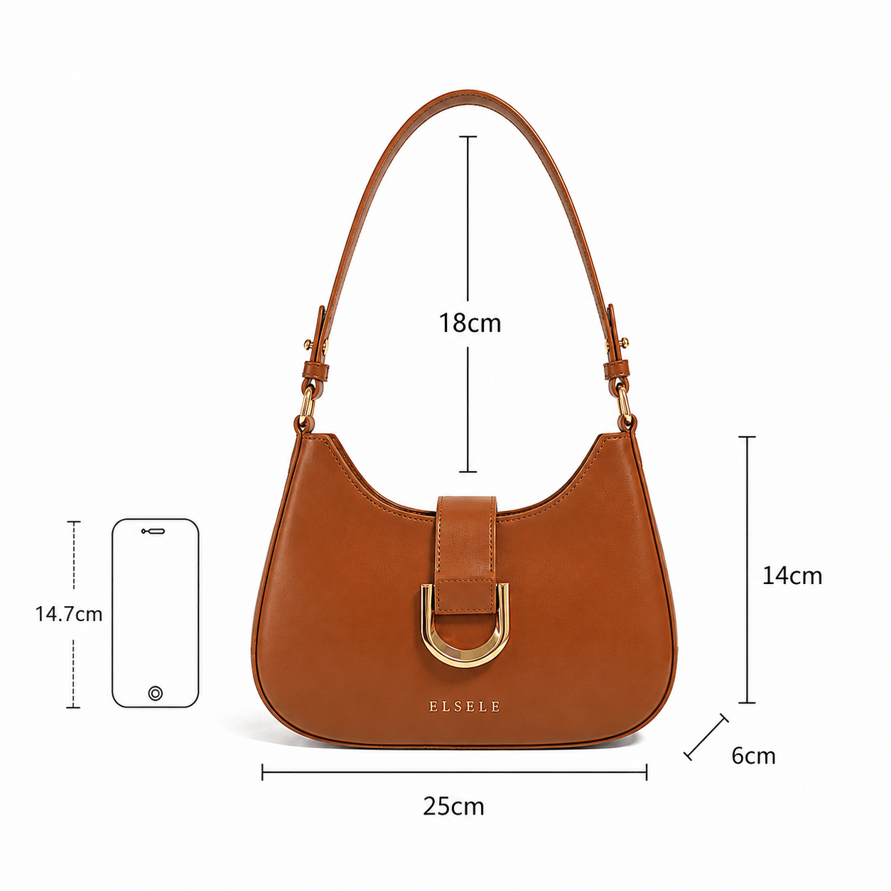 Lunara Brown Leather Shoulder Bag with product dimensions