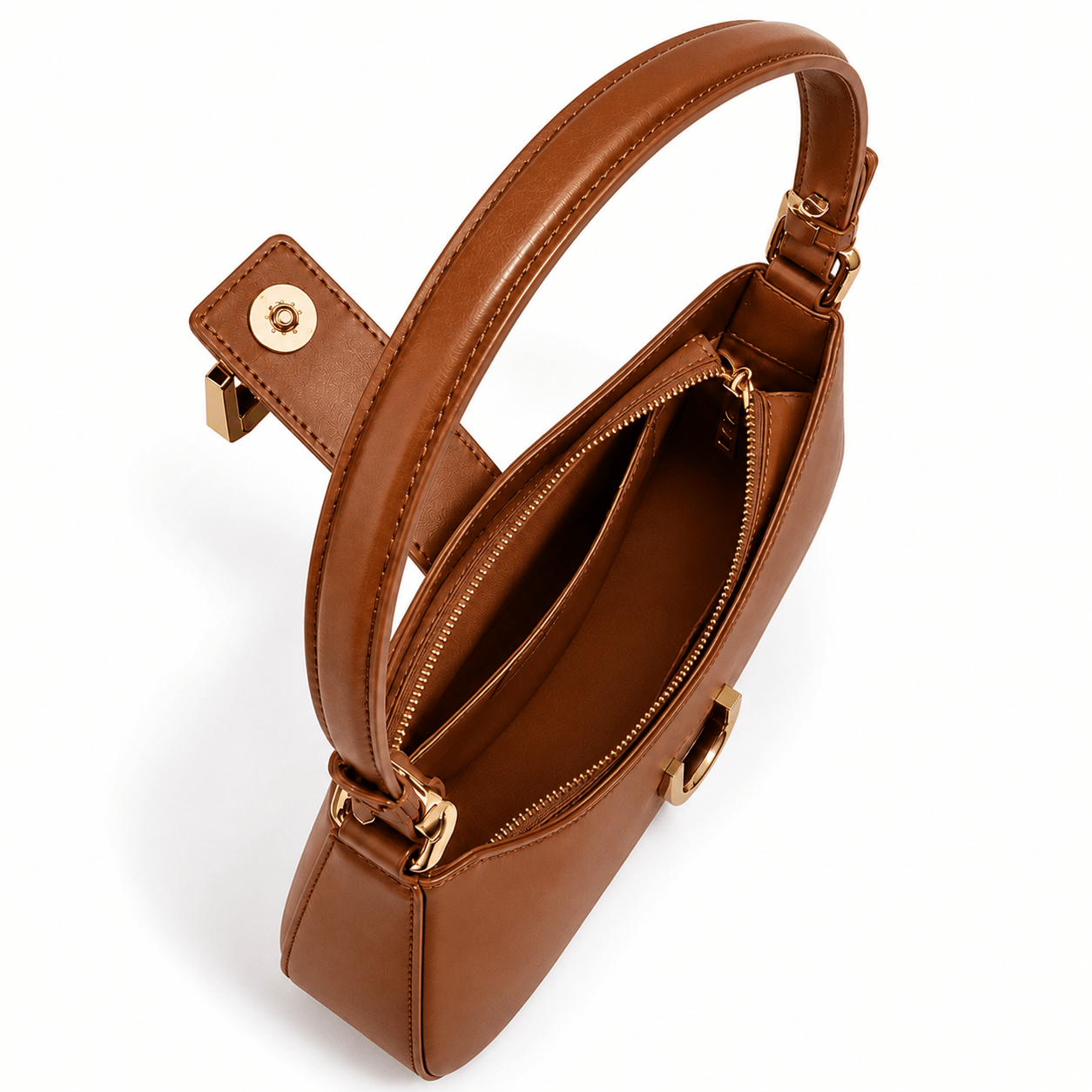 Interior and opening detail of the Lunara Brown Leather Shoulder Bag