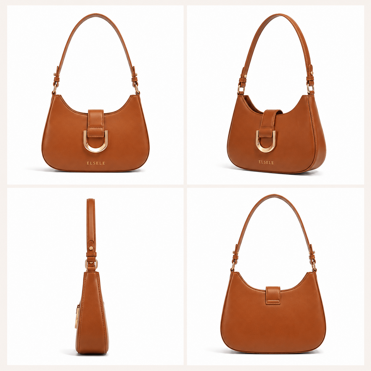 Multiple views of the Lunara Brown Leather Shoulder Bag