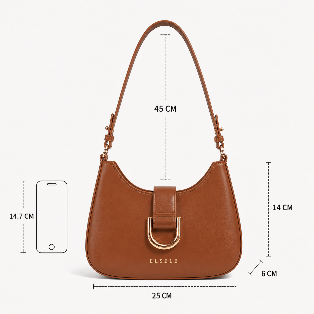Size and dimensions of the Lunara Brown Leather Shoulder Bag