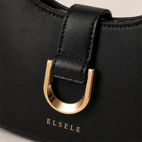 Lunara Shoulder Bag – ELSELE Logo and Buckle Gold-tone buckle and ELSELE logo detail on the Lunara black leather bag