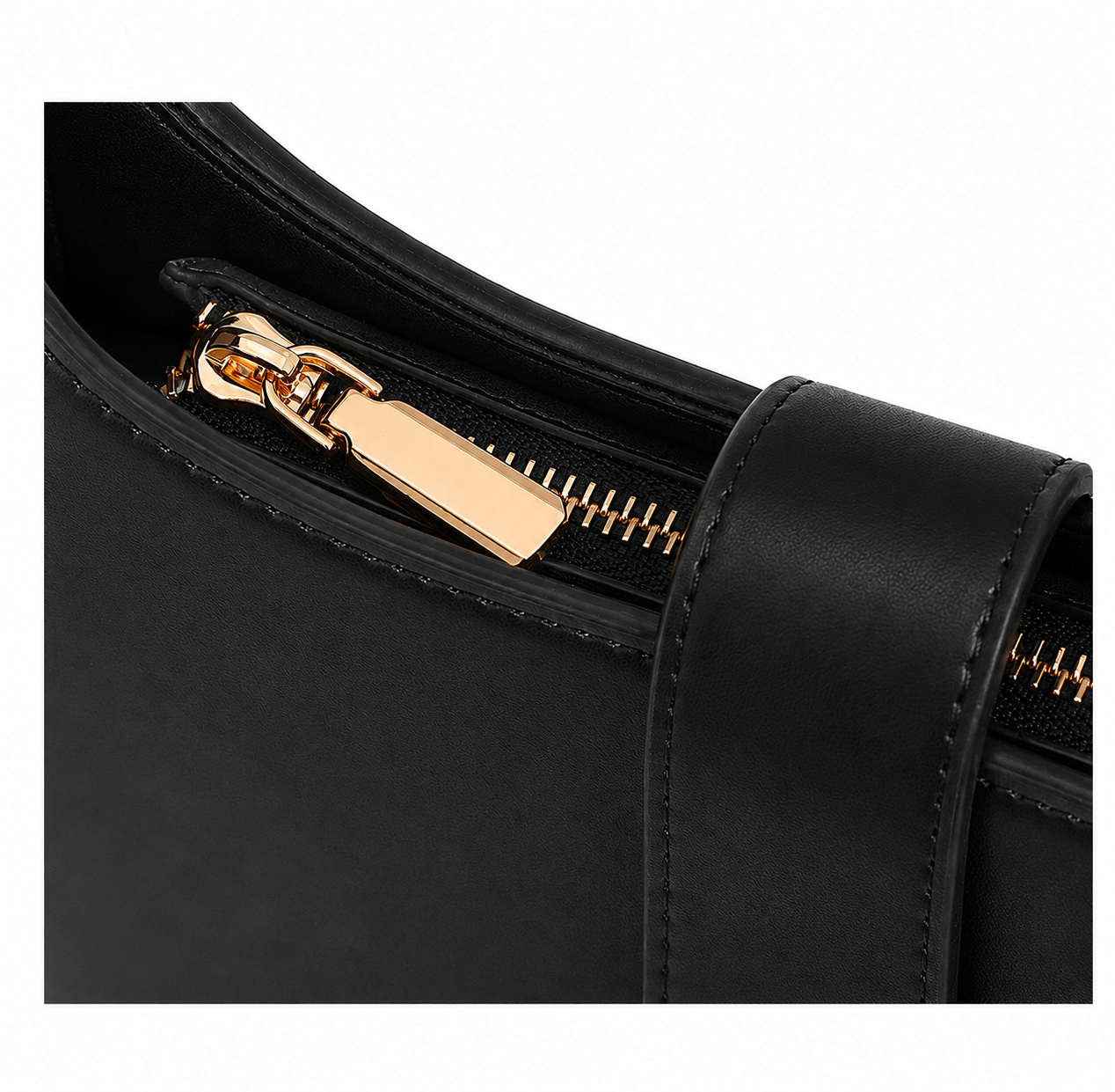 Lunara Shoulder Bag – Gold Zipper Detail Close-up of the gold-tone zipper on the Lunara black leather shoulder bag