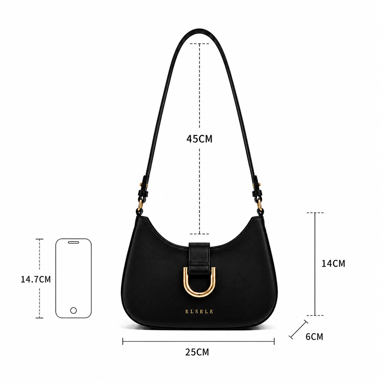 Lunara Shoulder Bag – Long Strap Dimensions Lunara black leather shoulder bag dimensions with long shoulder strap