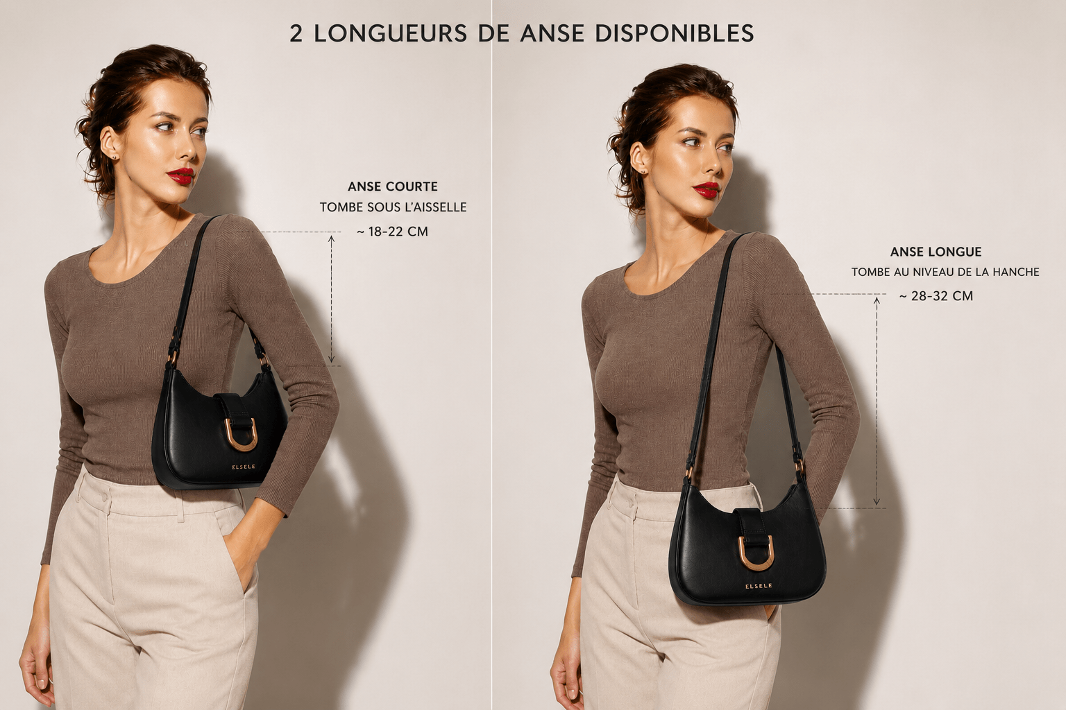 Lunara Shoulder Bag – Two Strap Lengths Woman wearing the Lunara black leather shoulder bag with short and long straps