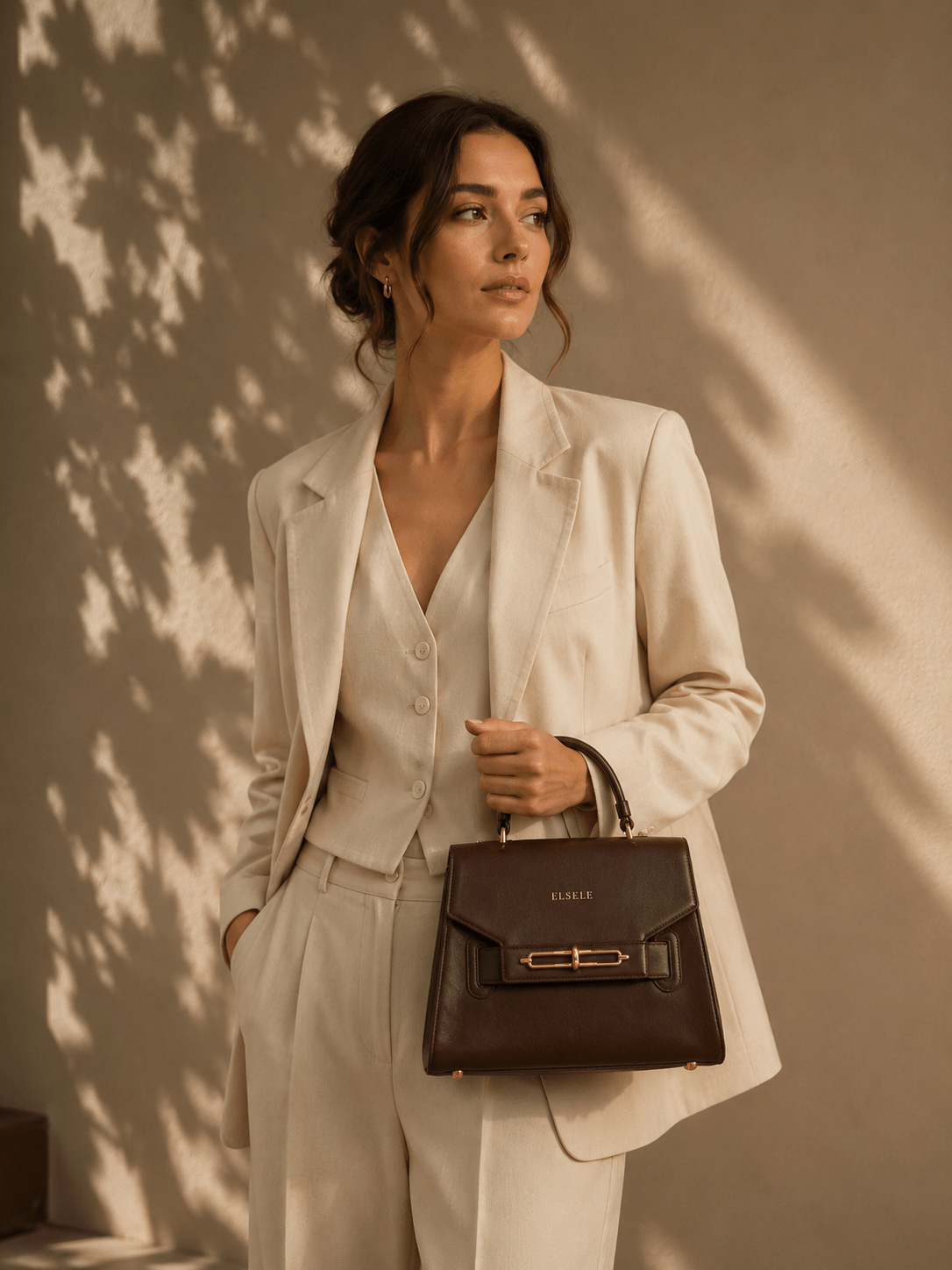 Home Elegant woman in a neutral outfit representing the modern ELSELE aesthetic