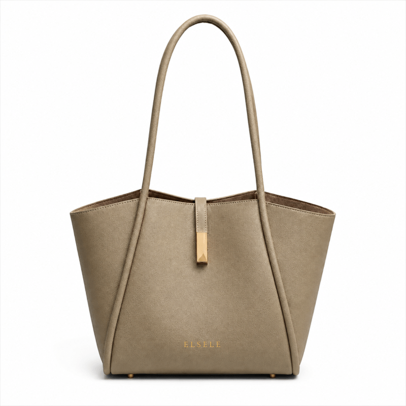 Home Front view of the Serenne taupe leather tote bag with long handles and gold-tone closure
