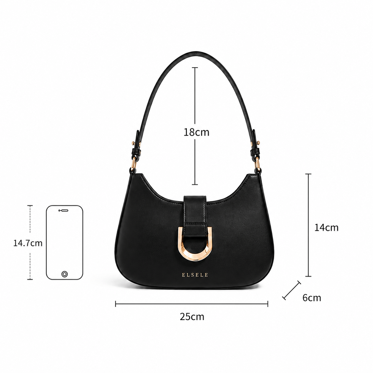 Lunara Shoulder Bag – Short Strap Dimensions Lunara black leather shoulder bag dimensions with short shoulder strap