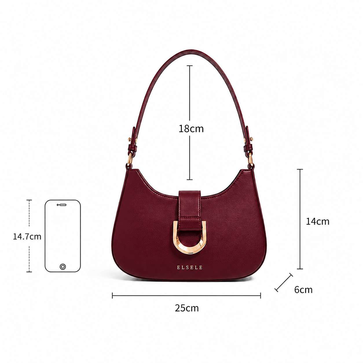 Vorder-, Seiten- und Rückansicht der bordeauxroten ELSELE Damen-Handtasche Vorder-, Seiten- und Rückansicht der bordeauxroten ELSELE Damen-Handtasche