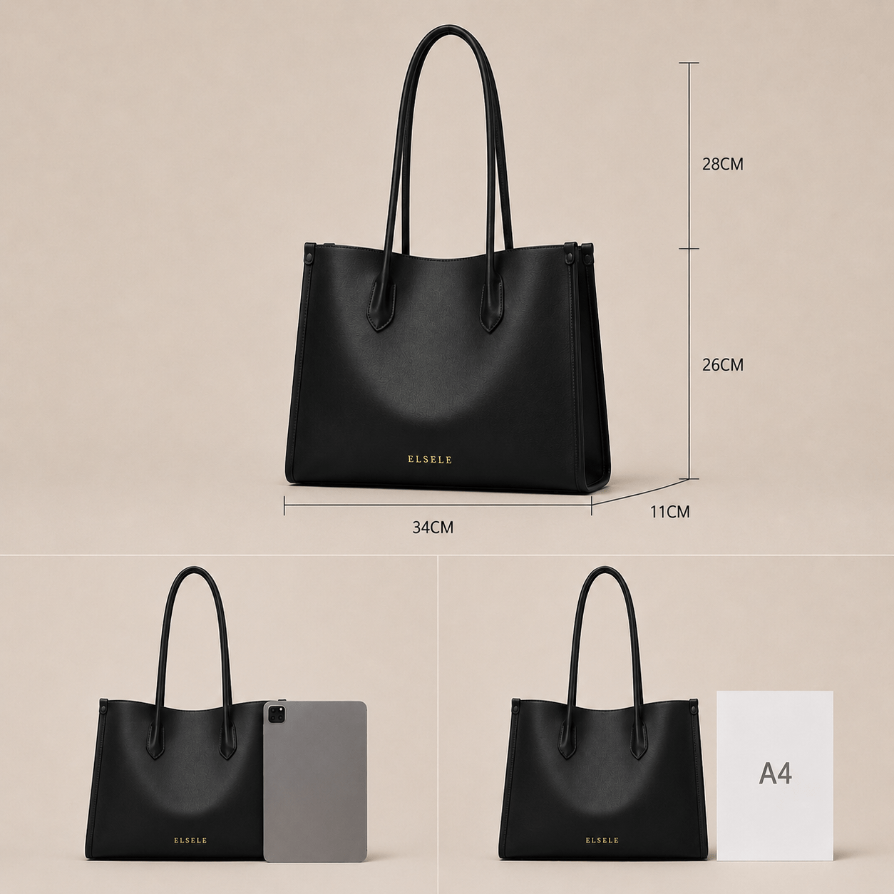 Aveline Black Leather Tote Bag with product dimensions