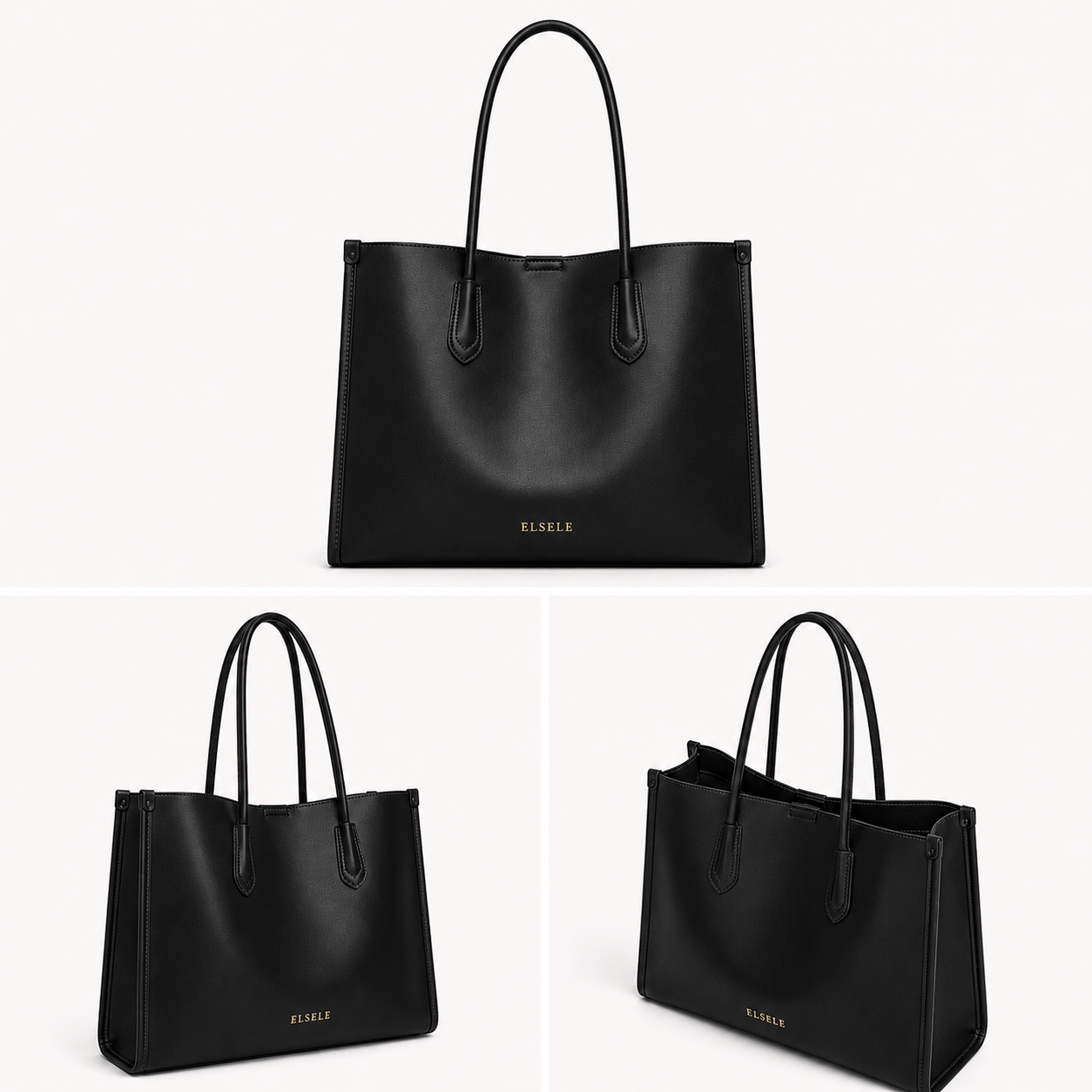 Multiple views of the Aveline Black Leather Tote Bag